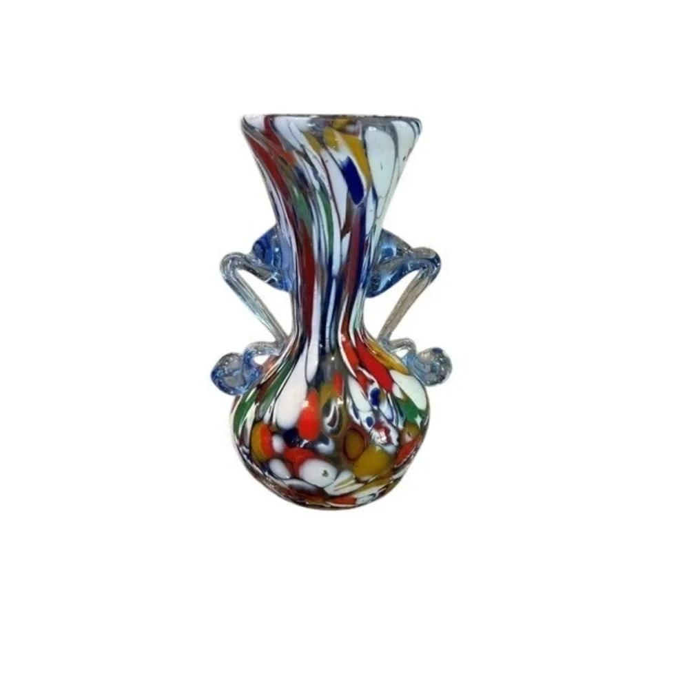 Attributed Fratelli Toso Murano Millefiori Latticino Art Glass Vase Blue Handles